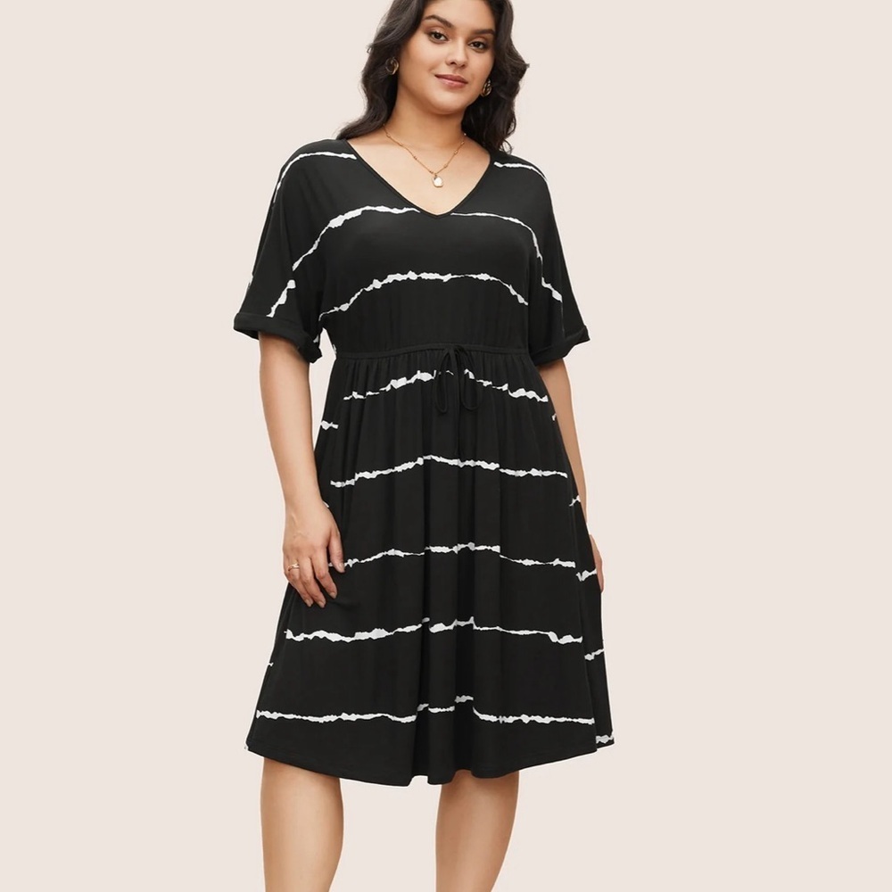 BloomChic Tie Dye Roll Dolman Sleeve Pocket Gathered Knot Striped Dress